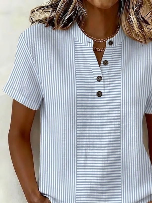 Blue Striped Print Henley V Neck Short Sleeve Casual Summer Women's Shirt