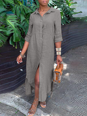 Gray Plain Shirt Collar Three Quarter Sleeve Loose Cotton Linen Midi Shirt Dress