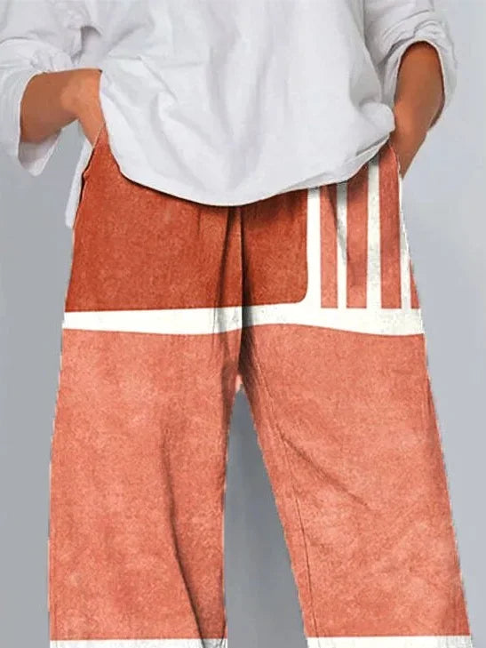 Orange Striped Colorblock Printed Casual Loose Women's Pants
