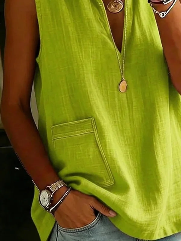Green Solid V-Neck Ruffled Collar Sleeveless Cotton Linen Casual Blouse