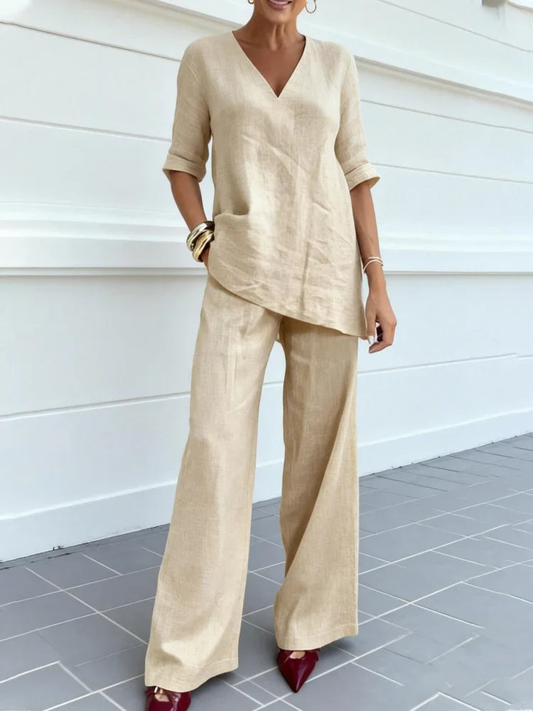 Apricot Plain V Neck Half Sleeve Polyester Two-Piece Summer Set