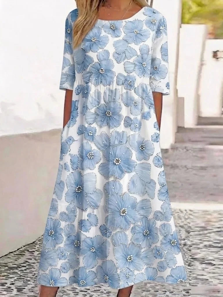Blue Floral Crew Neck Half Sleeve H-Line Summer Maxi Dress