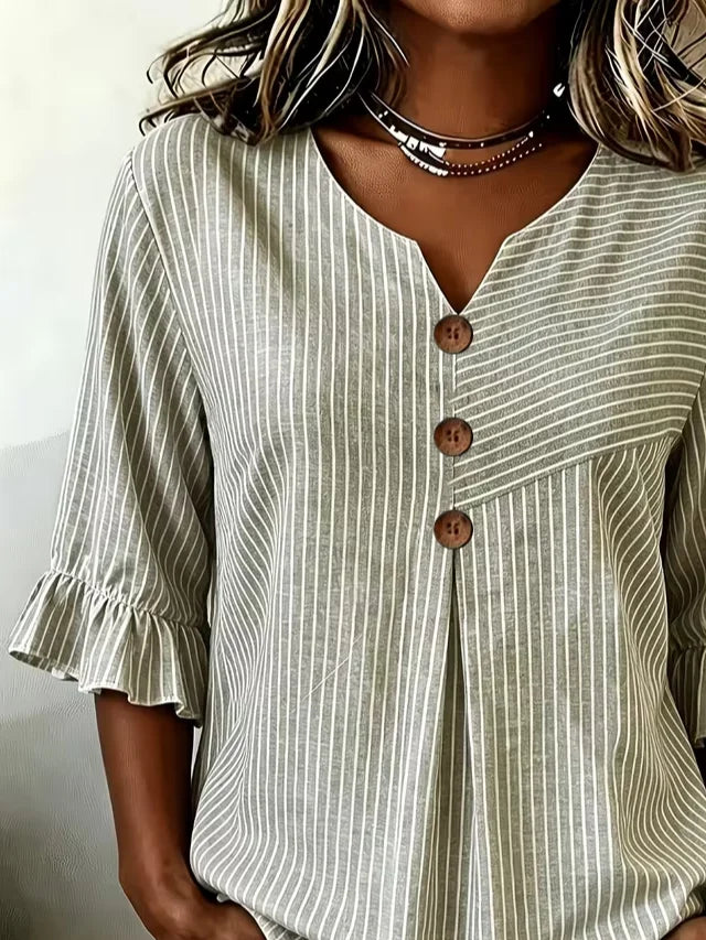 Gray Striped V Neck Half Sleeve Ruffle Cuff Casual Blouse For Women
