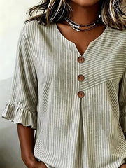Gray Striped V Neck Half Sleeve Ruffle Cuff Casual Blouse For Women