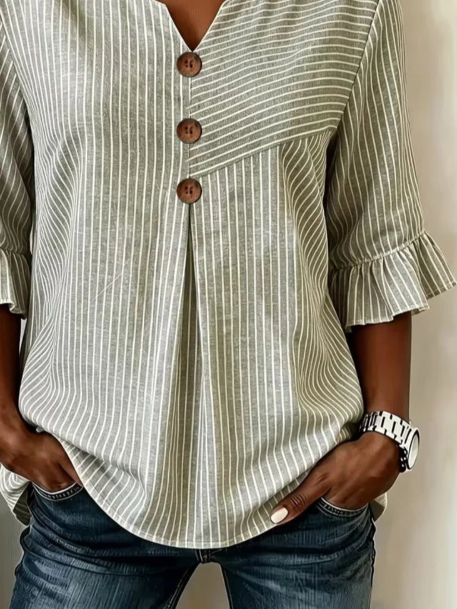 Gray Striped V Neck Half Sleeve Ruffle Cuff Casual Blouse For Women