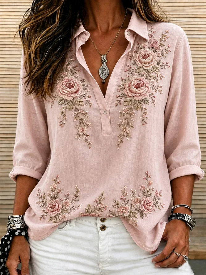 Pink Rose Floral Embroidery Shawl Collar Long Sleeve Women Blouse