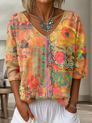 Casual Floral Abstract V Neck Three Quarter Sleeve T-shirt