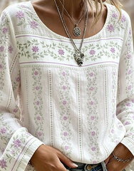 White Floral Print Round Neck Lightweight Long Sleeve Loose Casual Blouse