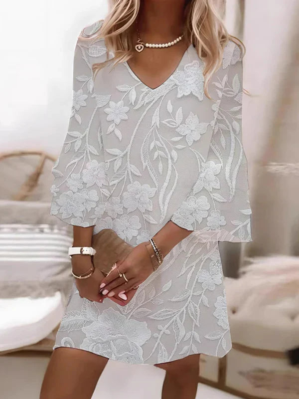 Women White Vintage Floral Lace Mini Dress V Neck 3/4 Bell Sleeve Loose Short Dress