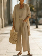 Women Minimalist Linen Cotton Three Piece Outfit Loose Plus Size Casual Daily Matching Set