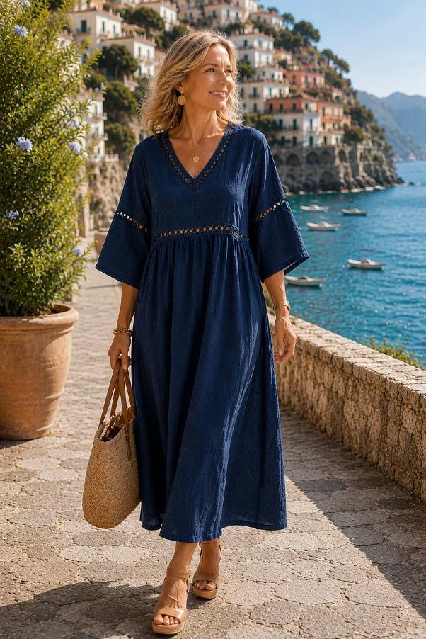 Women Mediterranean Linen V Neck Eyelet Bell Sleeve Flowy Midi Vacation Dress