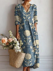 Women Vintage Floral V Neck Long Sleeve Loose Maxi Dress With Side Pockets