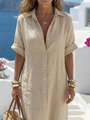Women Collared Short Sleeve Button Front Relaxed Midi Shirt Dress
