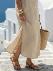 Women Collared Short Sleeve Button Front Relaxed Midi Shirt Dress