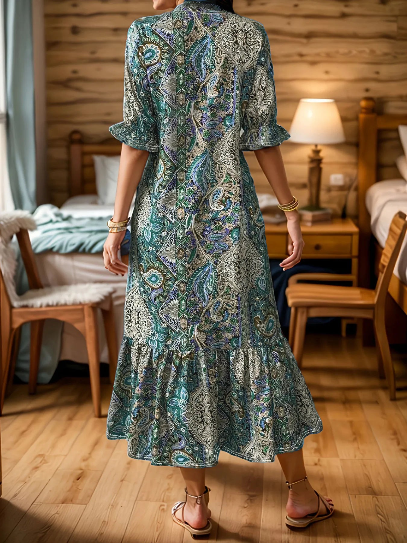 Bohemian Paisley Print V Neck Ruffle Hem 3/4 Sleeve Maxi Dress