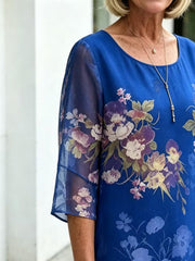 Blue Floral Print Chiffon Layered Round Neck 3/4 Sleeve A-Line Midi Dress For Mature Women
