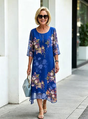 Blue Floral Print Chiffon Layered Round Neck 3/4 Sleeve A-Line Midi Dress For Mature Women