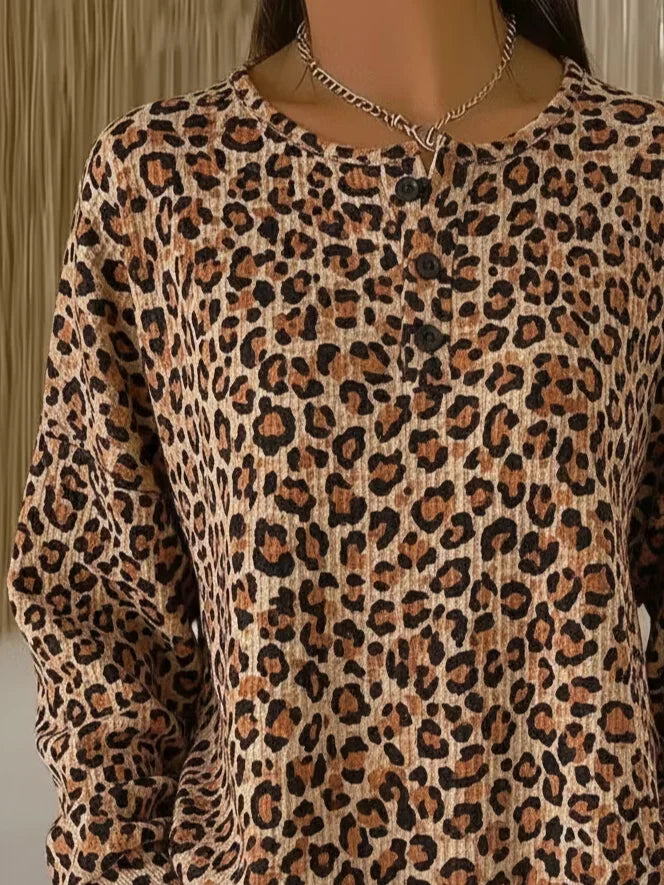 Women Casual Crew Neck Leopard Print Long Sleeve Sweatshirt