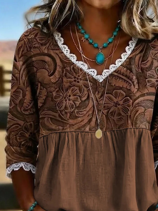 Women V Neck Vintage Floral Print Lace Edge Half Sleeve Casual Summer Blouse