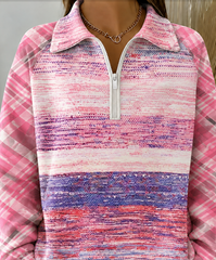 Women Pink Gradient Print Plaid Splicing Half Zip Collar Long Sleeve Sweatshirt