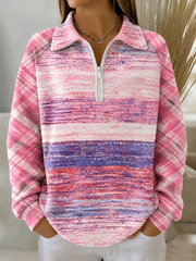 Women Pink Gradient Print Plaid Splicing Half Zip Collar Long Sleeve Sweatshirt