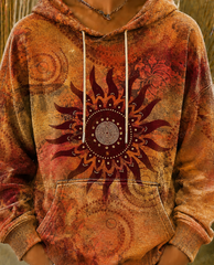 Women Bohemian Sun Mandala Print Orange Washed Hooded Sweatshirt