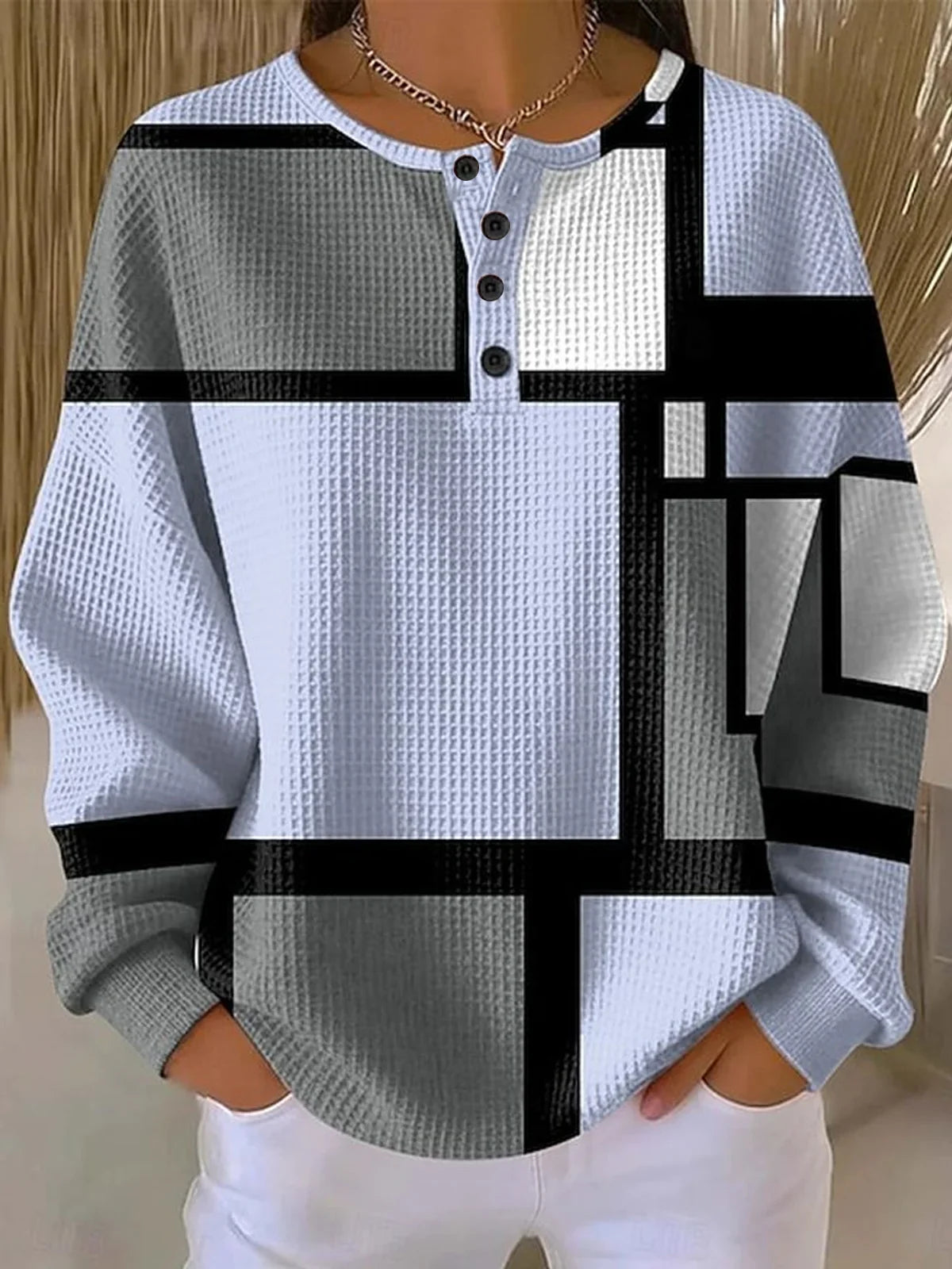 Waffle Knit Geometric Plaid Henley Sweatshirt