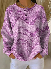 Marble Swirl Print Waffle Knit Henley Long Sleeve Top