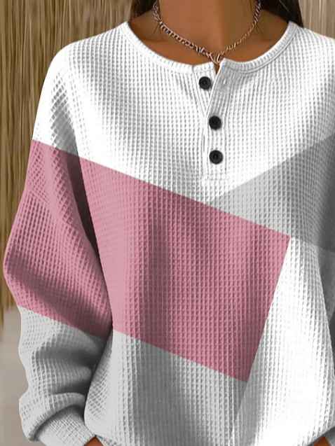 Waffle Knit Chevron Color Block Henley Placket Button Detail Long Sleeve Casual Daily Pullover Sweatshirt