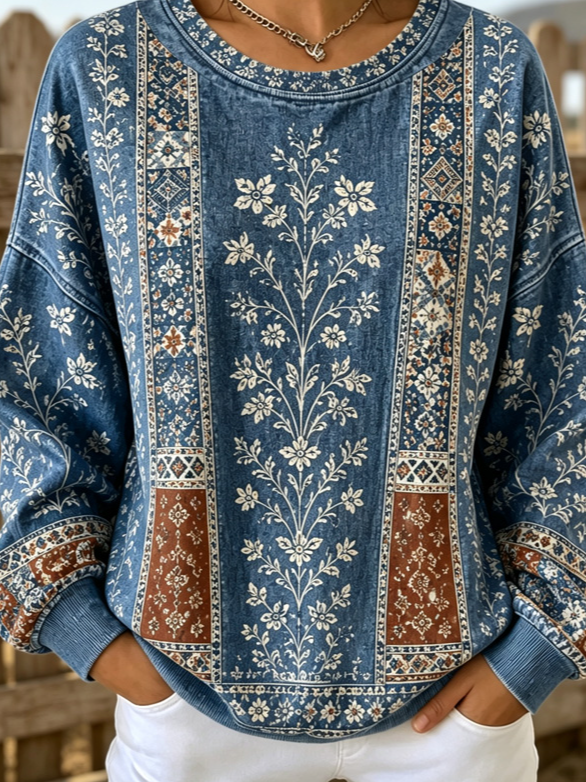 Bohemian Geometric Floral Print Crew Neck Sweatshirt