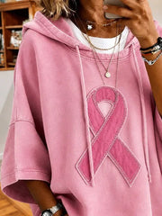 Pink Ribbon Abstract Print Half Sleeve Loose Hoodie