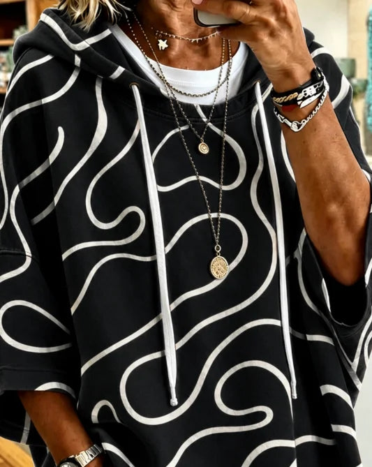 Black Abstract Line Print Half Sleeve Loose Hooded Top