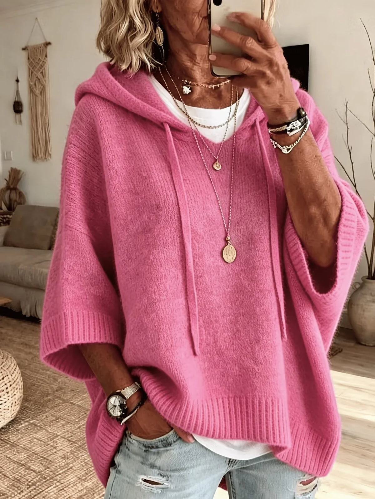 Pink Plain Knit Half Sleeve Loose Hooded Pullover