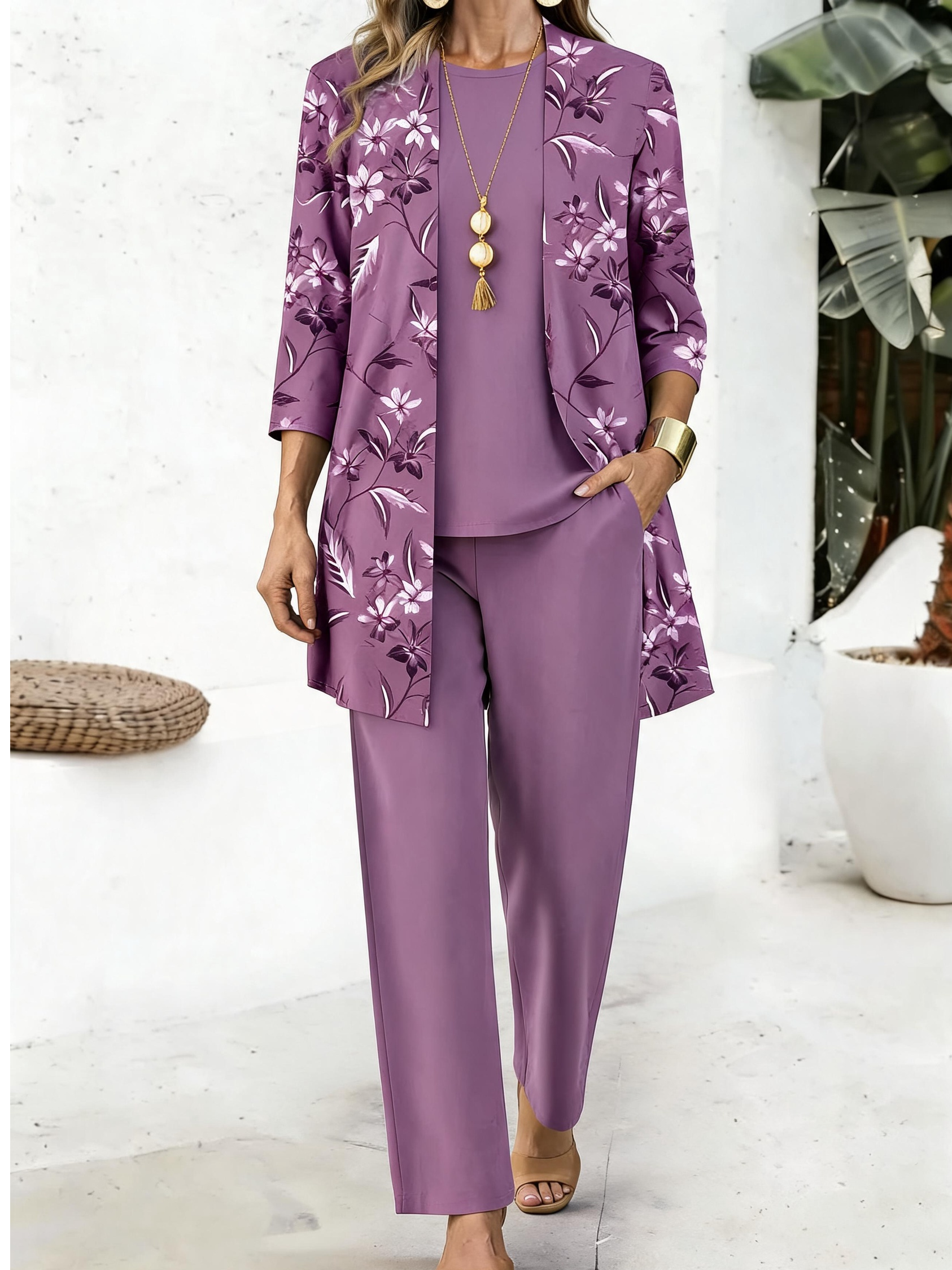 Women Floral Print Long Sleeve Casual Spring/Fall Multi-Piece Set Matching Set