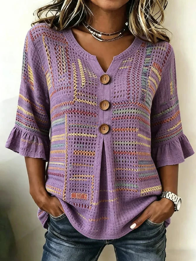 V Neck Half Sleeve Striped  Casual Blouse For Women