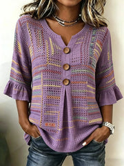 V Neck Half Sleeve Striped  Casual Blouse For Women