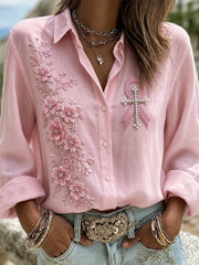 Shawl Collar Long Sleeve Floral Print Lightweight Regular Fit Shirt For Women