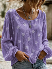 Casual Crew Neck Long Sleeve Floral Lightweight Micro-Elasticity Loose Blouse For Women