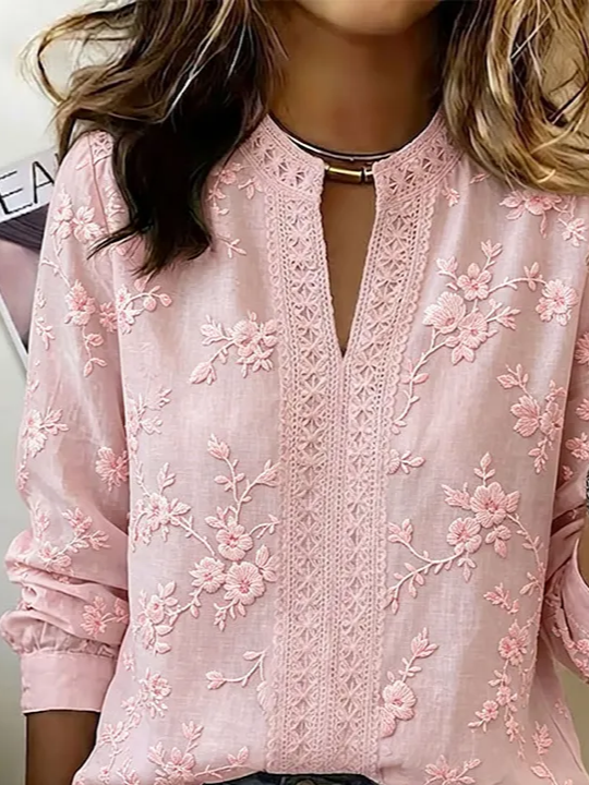 Vintage V Neck Long Sleeve Floral Printing Regular Micro-Elasticity Regular Fit Blouse For Women
