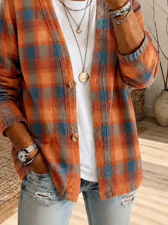 Women Spring/Fall Outerwear Casual Printing Plaid Long Sleeve Jacket