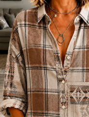 Women Plaid Vintage Shirt Shirt Collar Long Sleeve Printing Top