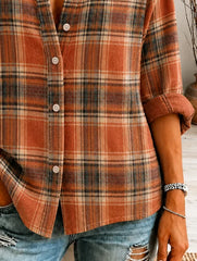 Women Plaid Vintage Shirt Shirt Collar Long Sleeve Printing Top