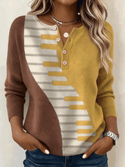 Casual Vintage Geometric Henley Collar Long Sleeve T-shirt