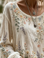Elegant Women Floral Casual Blouse Crew Neck Long Sleeve Printing Top