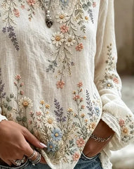 Elegant Women Floral Casual Blouse Crew Neck Long Sleeve Printing Top