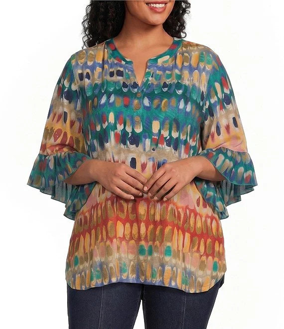 Knit Multi Print Banded Y-Neck Elbow Flounce Sleeve Top