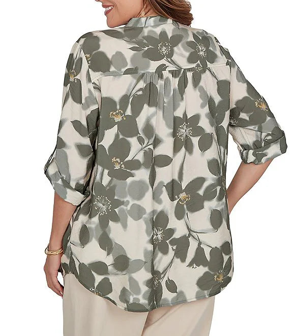 Silky Voile Shadow Floral Split V-Neck 3/4 Sleeve Pleated Button Front Shirt