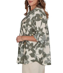 Silky Voile Shadow Floral Split V-Neck 3/4 Sleeve Pleated Button Front Shirt