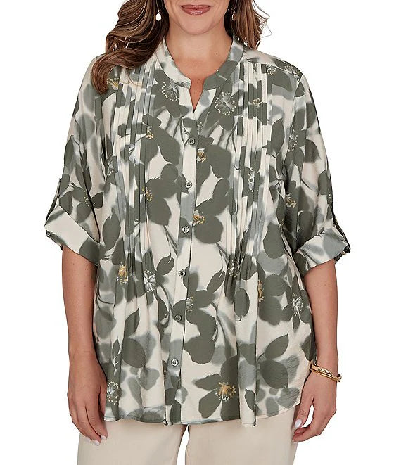 Silky Voile Shadow Floral Split V-Neck 3/4 Sleeve Pleated Button Front Shirt