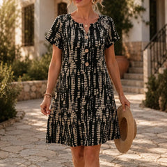 Printed A-Line Button Short Sleeve Dress